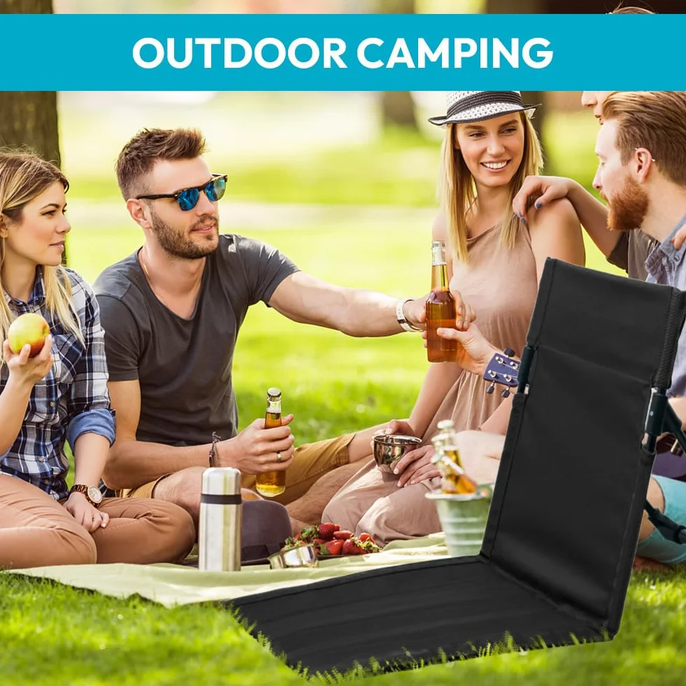 Sitzunterlage Outdoor, Bodenstuhl Outdoor mit Rückenstütze, Tragbar Klappkissen Strand Sitz für Strand Picknick Camping Outdoor Konzerte (Schwarz)