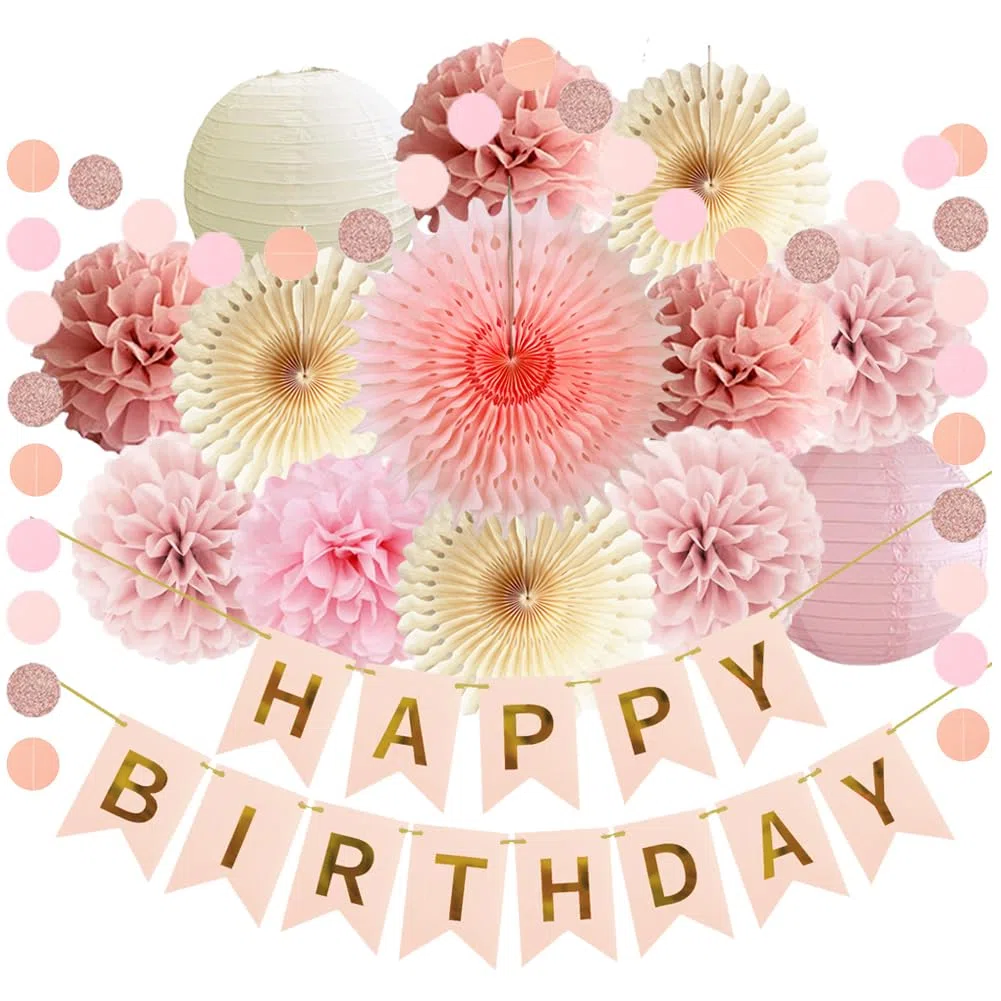 Geburtstagsdeko Beige Rosa Boho Geburtstag Party Deko Mädchen Frauen Seidenpapier Pom Poms Happy Birthday Girlande Boho Rosa Beige Party Deko