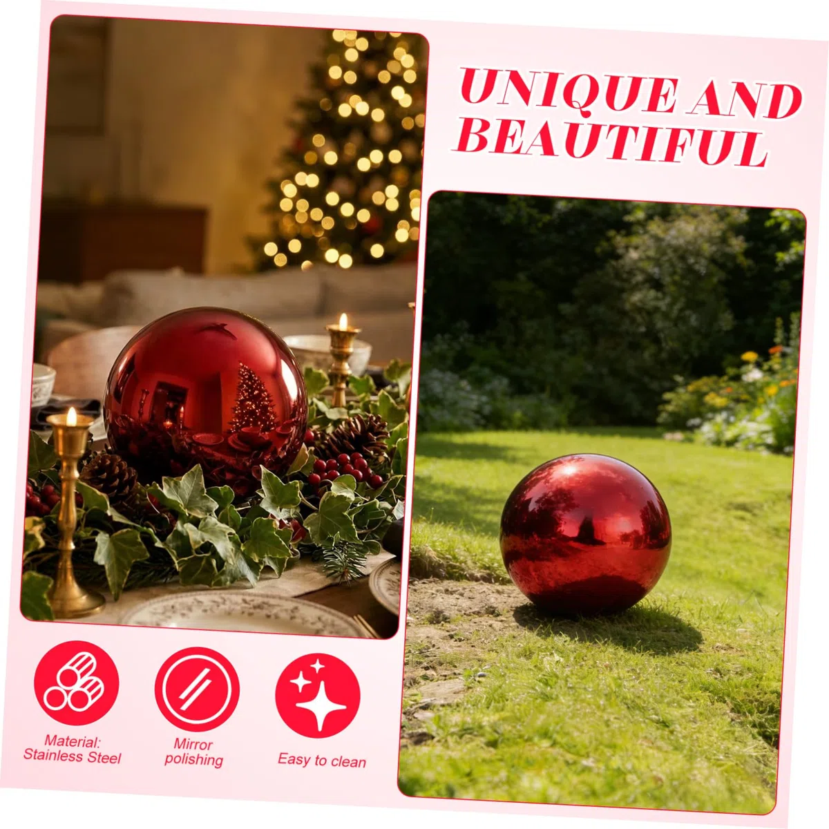 HEMOTON Gartenkugel Edelstahl Reflektierende Kugel Rubinrot 150mm Hochglanzpoliert Gartendeko Kugel für Draußen Tischschmuck Spiegelkugel Dekoration Rostfreier