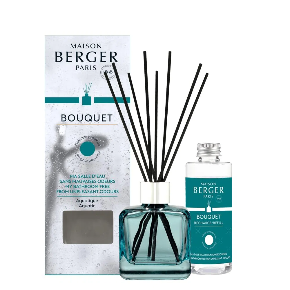 Maison Berger Mein Badezimmer ohne unangenehme Gerüche Raumduft Diffuser – Grün Flakon mit 6 schwarzen Duftstäbchen und 100 ml Duft-Nachfüllflasche