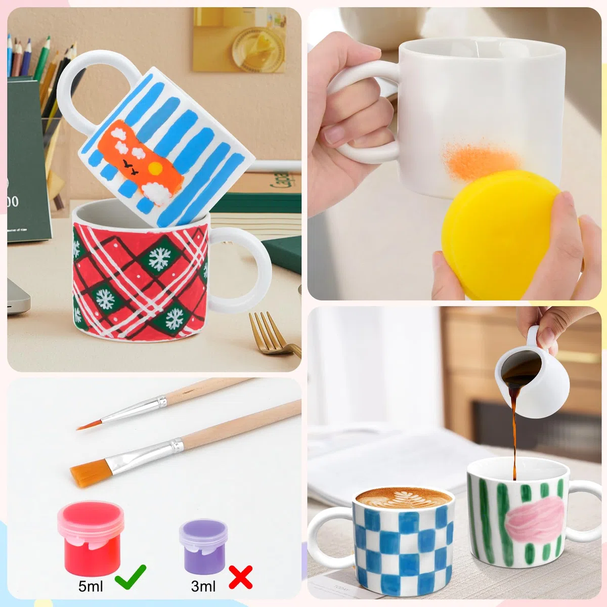 SelfTek DIY Keramik Bemalen Set - Tassen zum Bemalen Kreativ Set für Erwachsene mit 2 Tassen, 12 Farben, 4 Pinsel, 2 Palette, Malinspirationen, Geschenk für Freund Familie Lieber