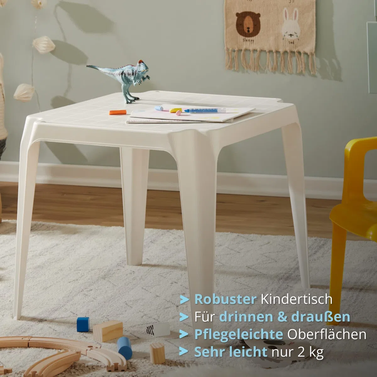 KHG Kindertisch weiß für Garten & Kinderzimmer, Outdoor, Pflegeleichte Oberfläche, robust wetterfest, kindgerechte Höhe 44 x 50 x 50 cm