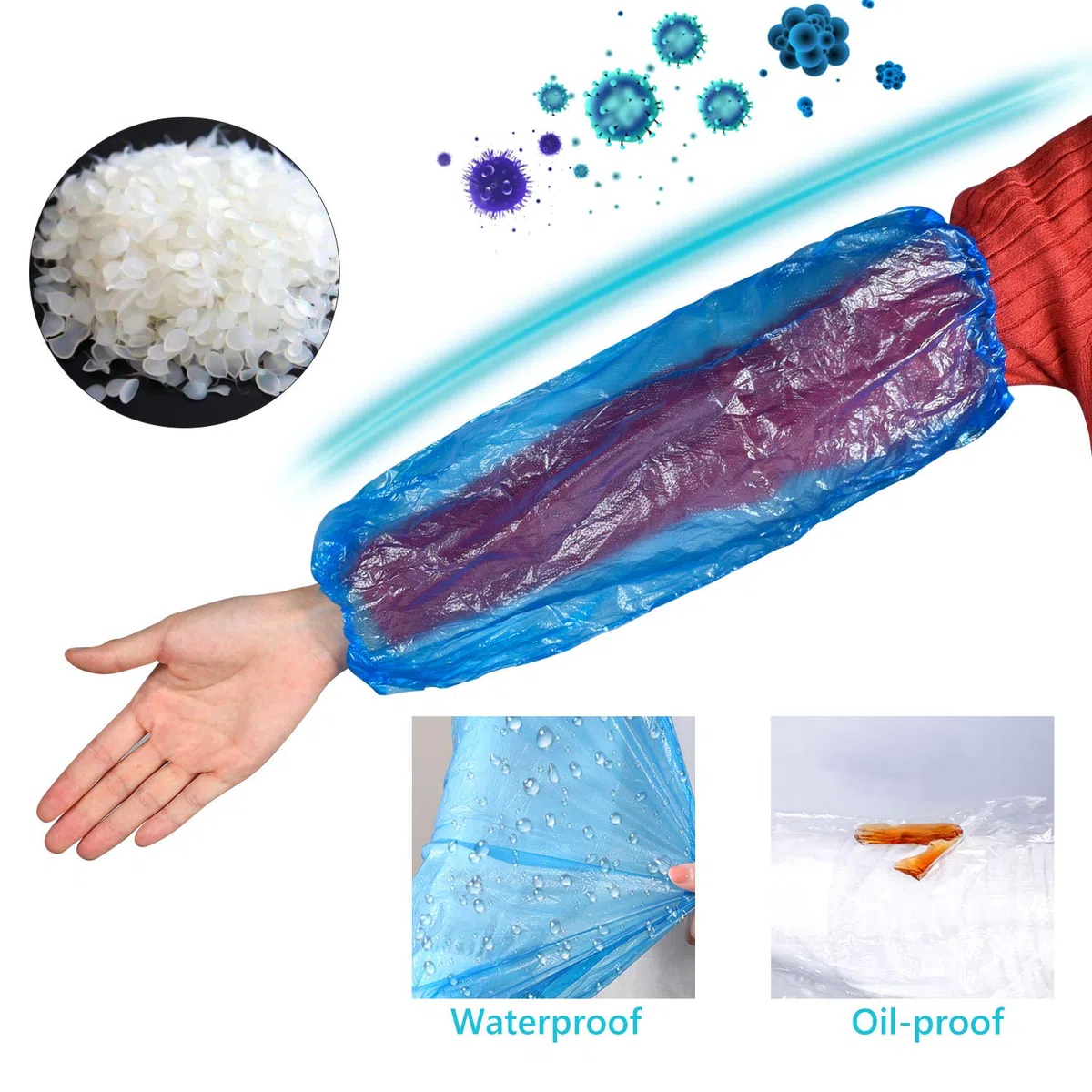 Funmo Wasserdichte Ärmel, 200 Stück, Einweg-Manschetten, Armschutzhüllen, PE-Kunststoffärmel mit elastischen Bündchen für Malerei, Reinigung, Lebensmittelservice