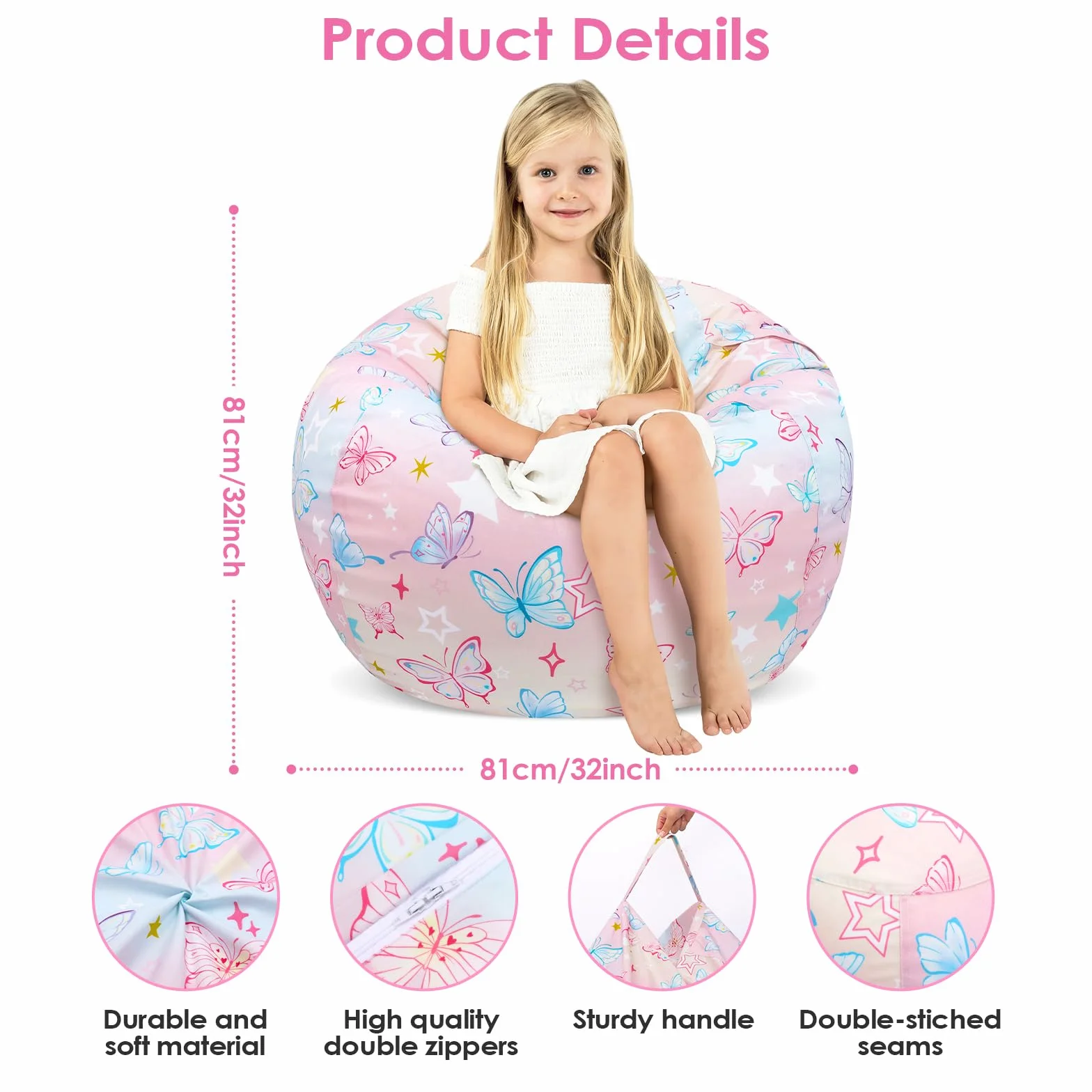 Decalsweet Sitzsack Kinder Spielzeug Stofftier Aufbewahrung, Große Größe Kuscheltiere Aufbewahrung für Mädchen Jungen, Aufbewahrung Organizer Lagerung Kinderzimmer Bunter Schmetterling(Nur Tasche）