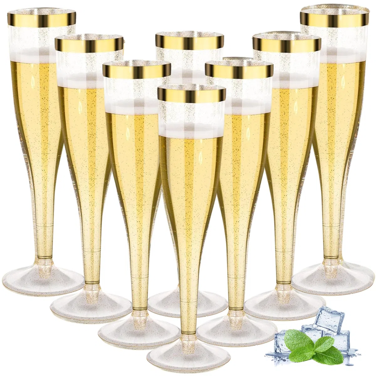 50 Stück Sektgläser Plastik, 150ml Champagner Gläser mit Goldrand und Goldglitter aus Kunststoff, Sektglas Plastik Mehrweg für Mimosa Bar Hochzeit Party Picknick im Freien