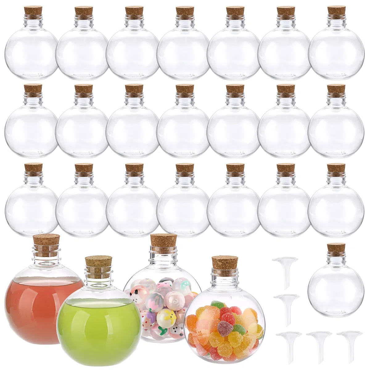 SUMTree 26Pcs DIY Plastikflaschen Sandkunst Flasche mit Kork Mehrzweck Kunststoffflaschen für Süßigkeiten, Saft, Tee, Aromastoffe, Armband Perlen, Wunschsterne (Kugelform, 200ml, mit 5 Trichtern)