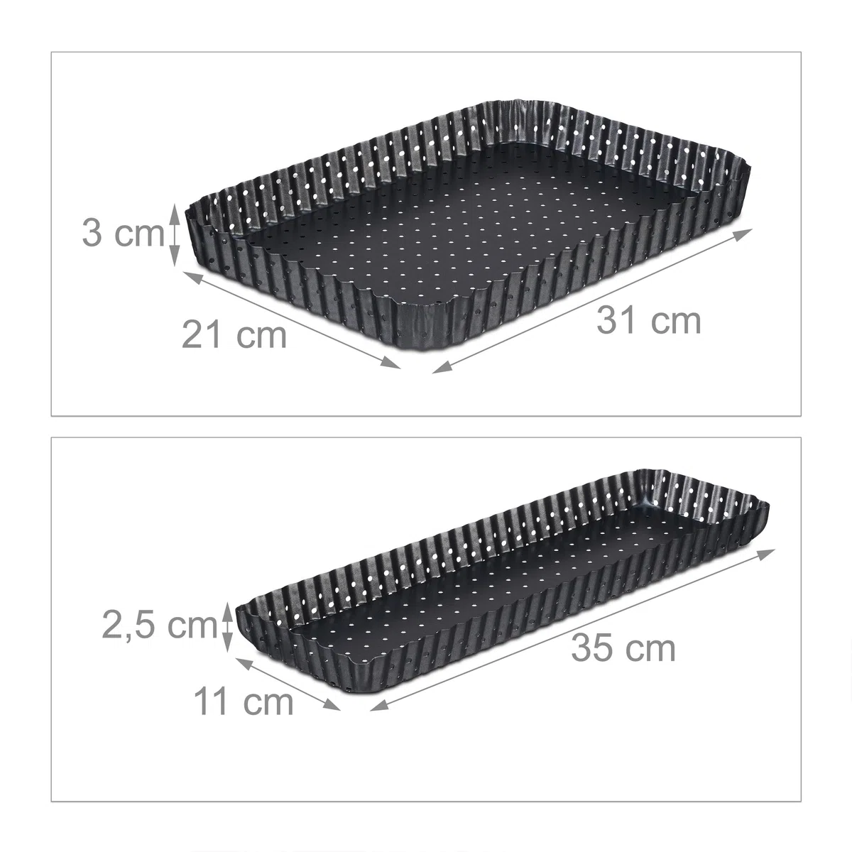 Relaxdays Tarteform, 2er Set, mit Hebeboden & Löchern, 2 Größen, antihaftbeschichtet, rechteckige Quicheform, anthrazit