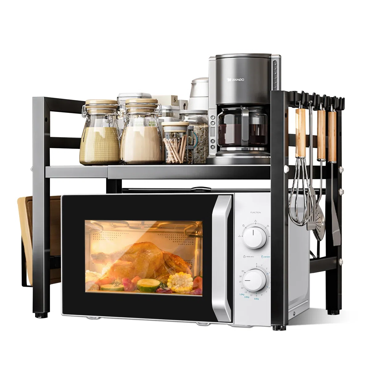 UCAMP Verstellbares Mikrowellenregal,Erweiterbares Mikrowellen Regal,2 Stufig Mikrowellenhalter aus Kohlenstoffstahl,für Räumen Sie die Küche auf, mit 1 Schneidebrettständer Und 6 Haken (Schwarz)