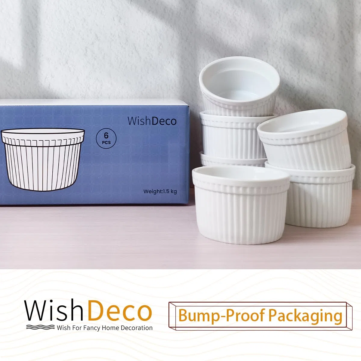 WishDeco Creme Brulee Schälchen 6er Set, Souffle Förmchen Porzellan 200ml, Kleine Dessertschalen, Dipschalen Weiß, Auflaufform Keramik für Muffins, Pasteis