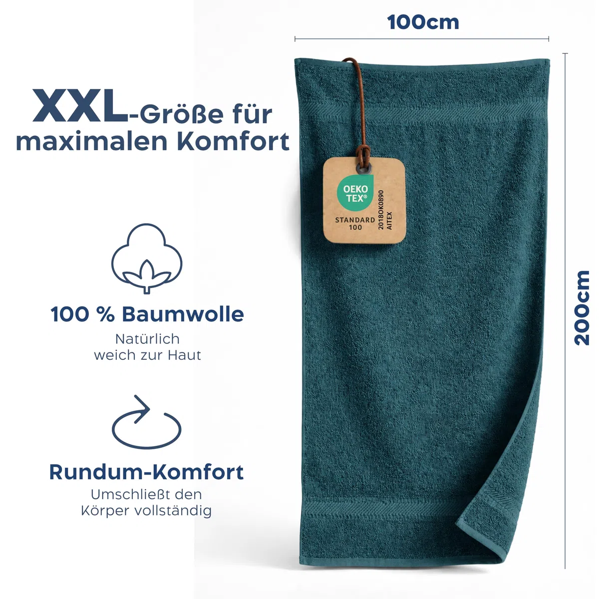 Twinzen Saunahandtuch 100x200 cm - XXL Saunatuch & Badetuch aus 100% Baumwolle, saugstark & weich, mit Aufhänger, Oeko-TEX Zertifiziert - Blau