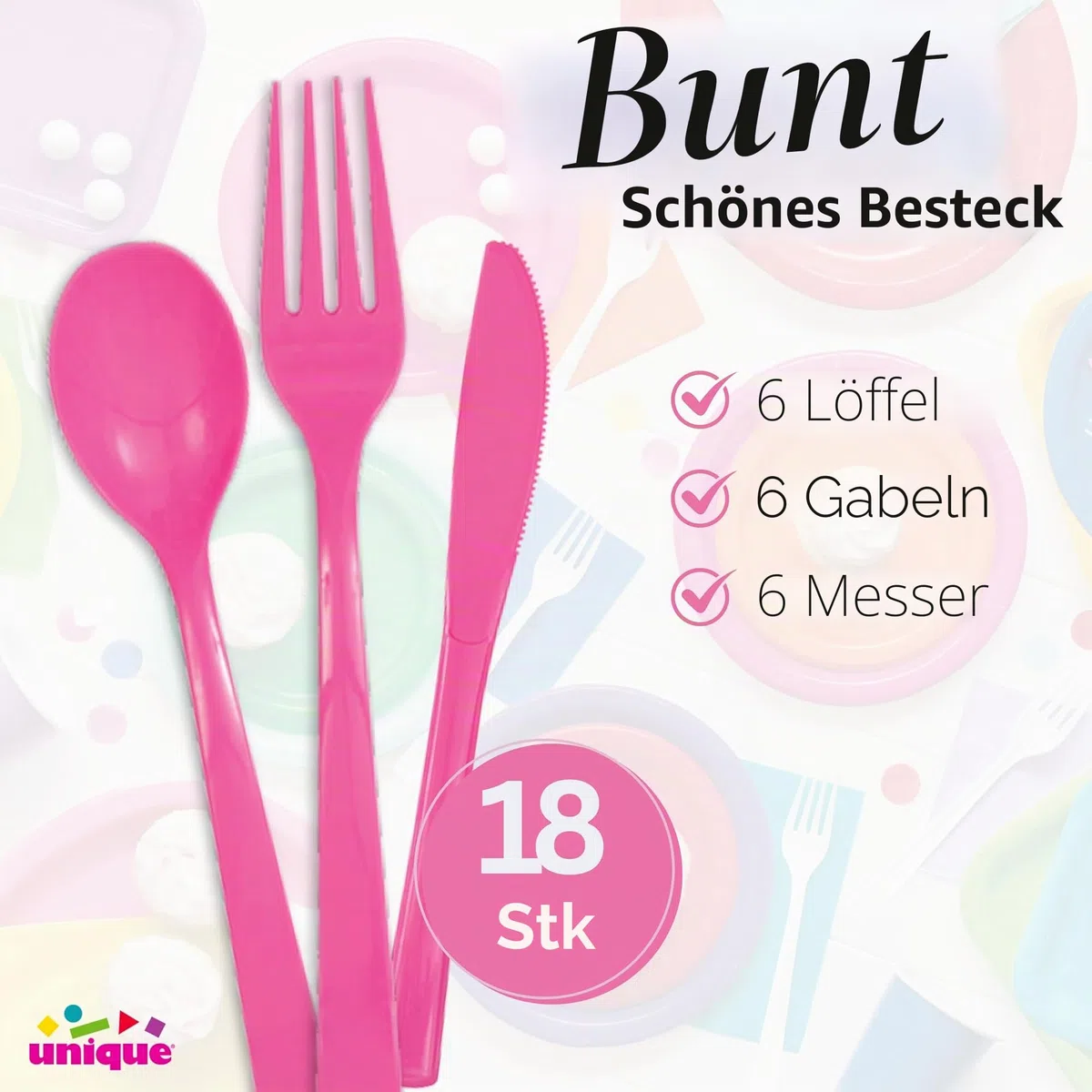 Kunststoffbesteck für 6 Personen - Dunkelrosa - 18-teilig, Hot Pink