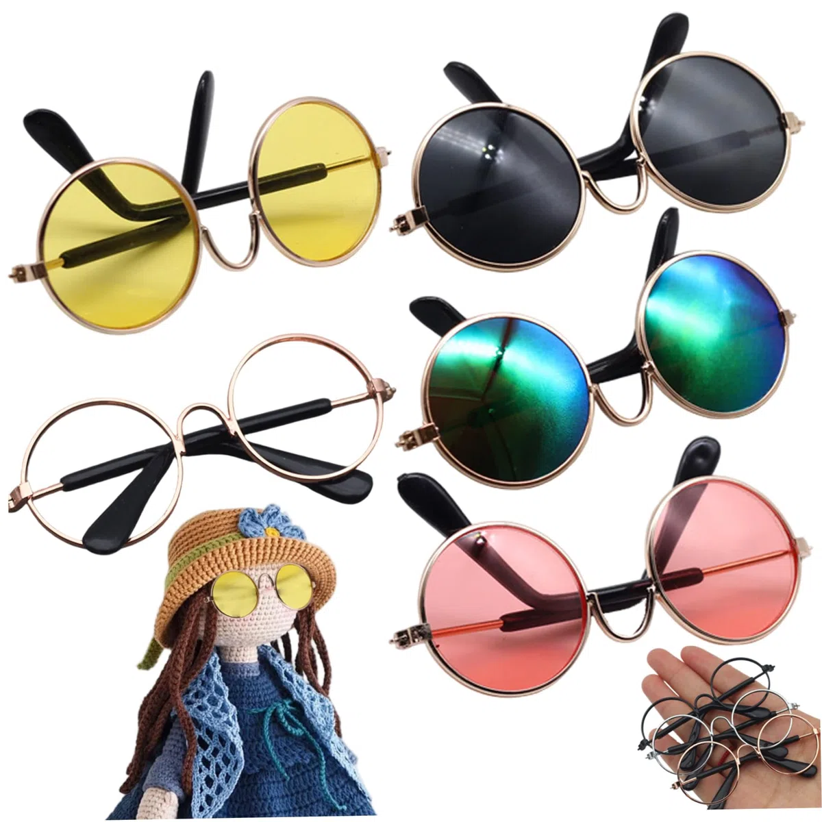 5 Paar Puppenbrillen, klassische Retro-Metall-Mini-Spielzeugbrillen, DIY dekorative Mini-Sonnenbrillen für Puppen, Bastelarbeiten, Cosplay, Foto-Requisiten, Partygeschenke