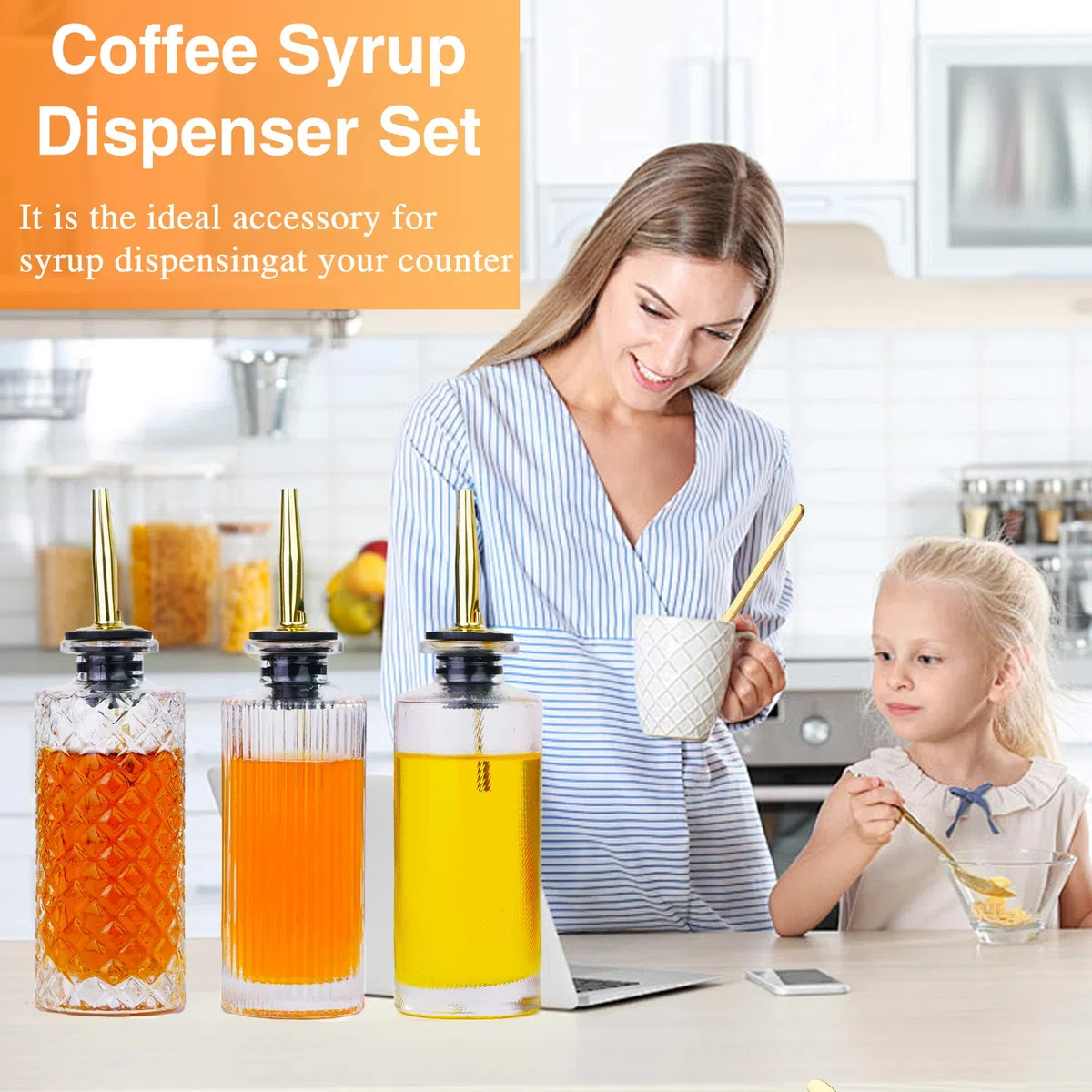 Oudizz Essig und ölflaschen Set mit Ausgießer 3 Stück - 200ml Kaffee Sirup Spender mit Metall Gießen für Kaffeebar - Kaffee Sirup Spenderflasche mit Ölgießdüse, Trichter, Karte, Stopfen