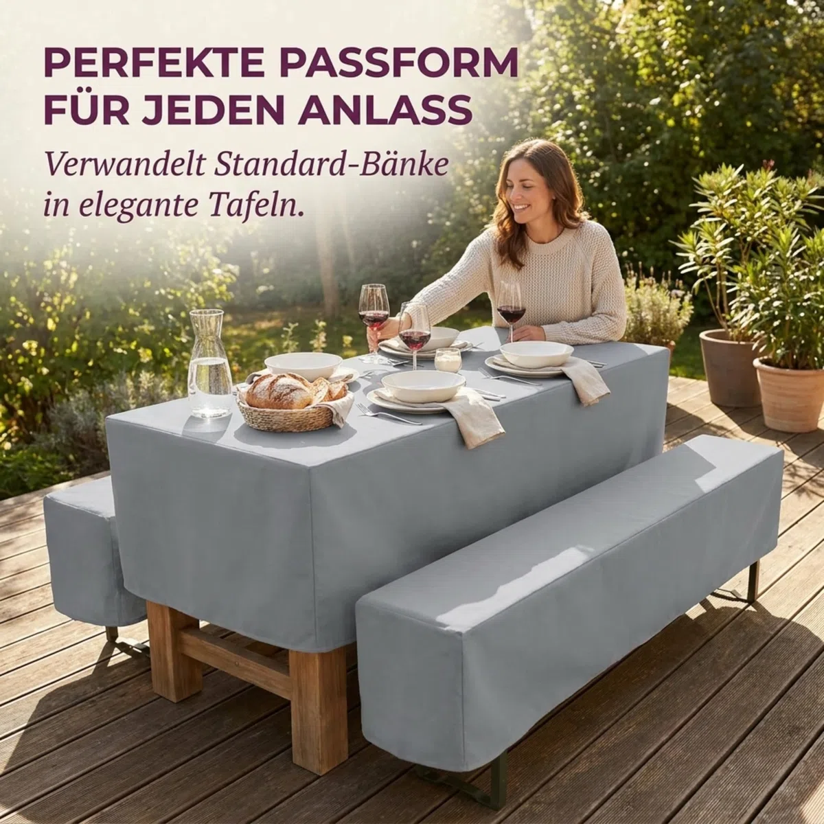 Biertischhussen Set 3-teilig Grau | Hussen für Bierzeltgarnitur | 1x Biertischhusse & 2x Bierbankhussen | Tischhusse Set | Bierbank Hussen für Tischbreite 50 cm | Pflegeleicht & Schnelltrocknend