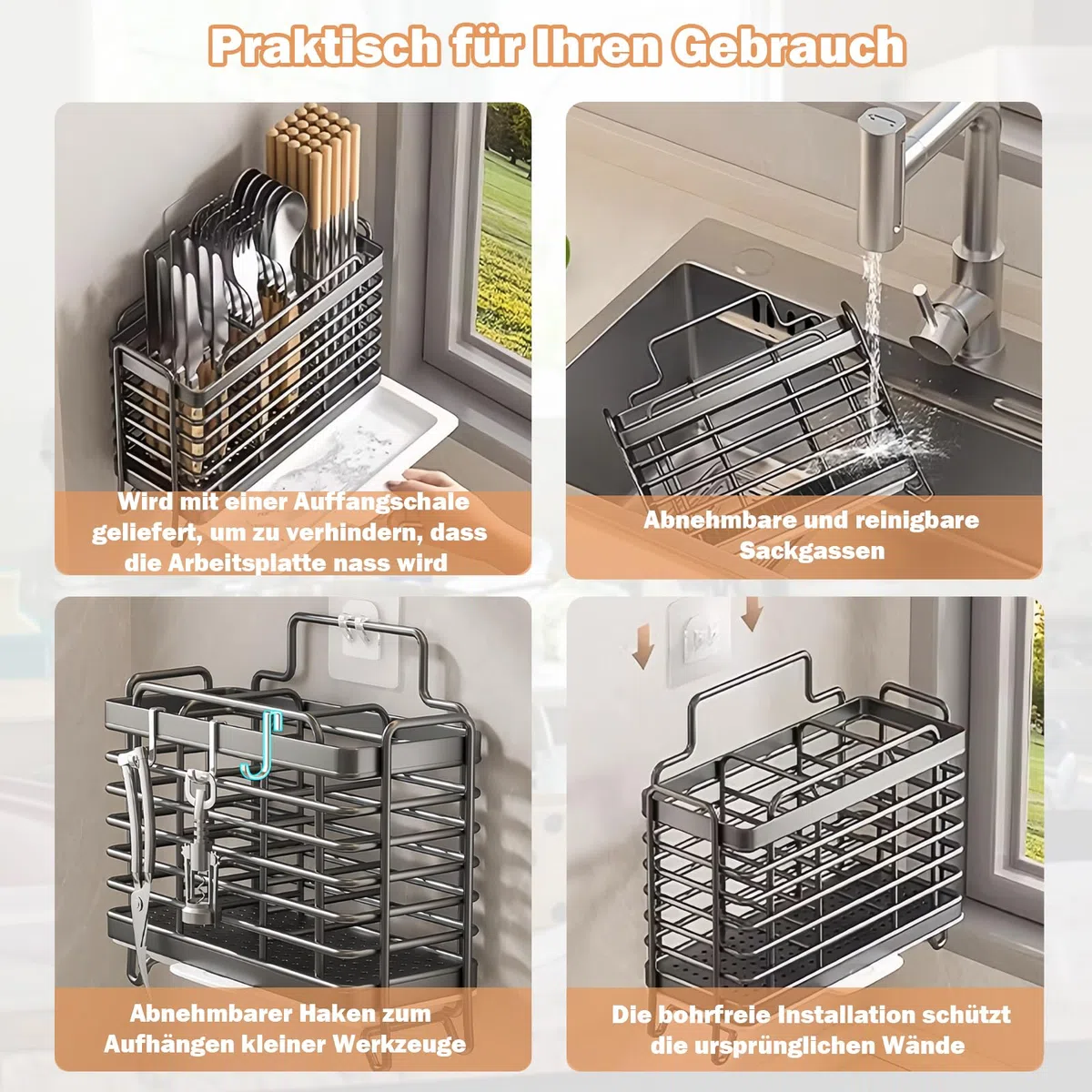 Besteckhalter, Küchenutensilienhalter Besteckkorb, Wandmontiert Traceless Sticker Kohlenstoffstahl Besteck Abtropfbehälter Behälter für Besteck und Küchenhelfer (Schwarz)