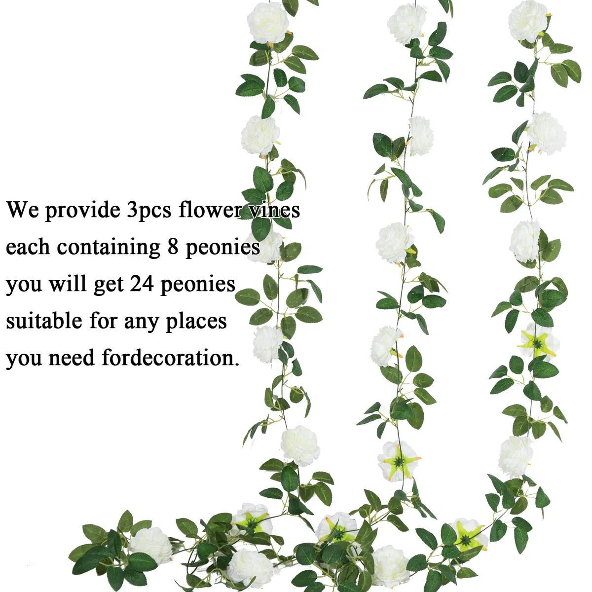 SHACOS Künstliche Blumen, 3 Stück, 6 m / 19,6 Füße, Weiß, künstliche Pfingstrose, Seidengirlande, zum Aufhängen, für Dekoration von Hochzeit, Party, Garten
