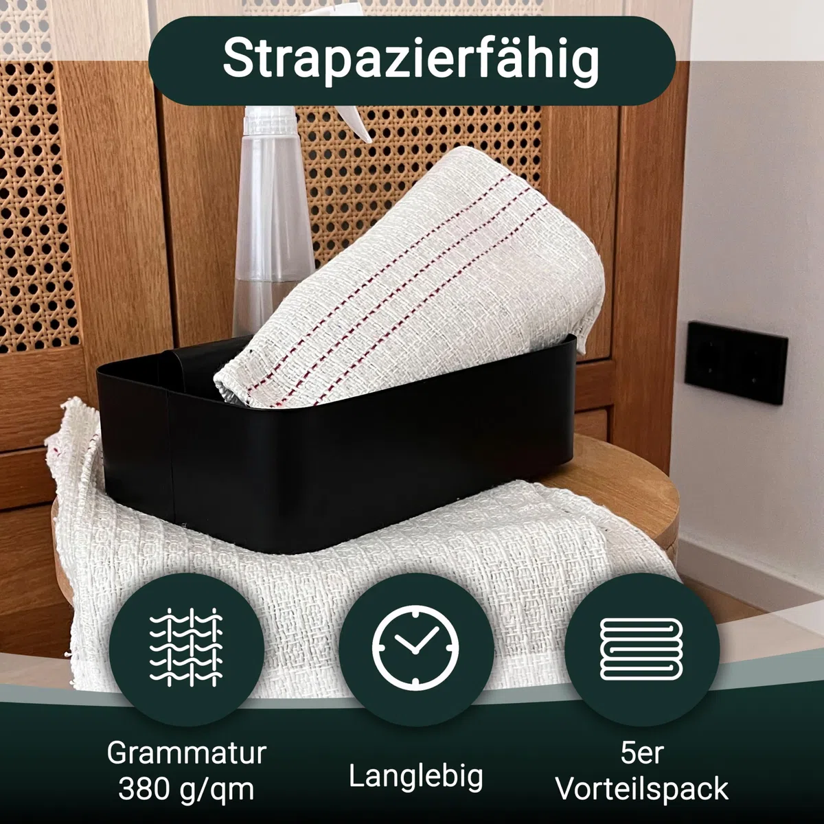 ZOLLNER 5er Set Scheuertücher - hochwertige und saugstarke Reinigungstücher - Mischgewebe - waschbar bis 60°C - 55x60cm in Natur mit roten Streifen