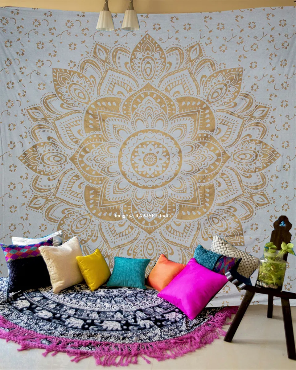 raajsee Indisch Wandteppich Mandala Weißes Gold Boho WandDeko, Aesthetic Room Décor, Wandtuch Mandala, Wandbehang Psychedelic 208X232 CM