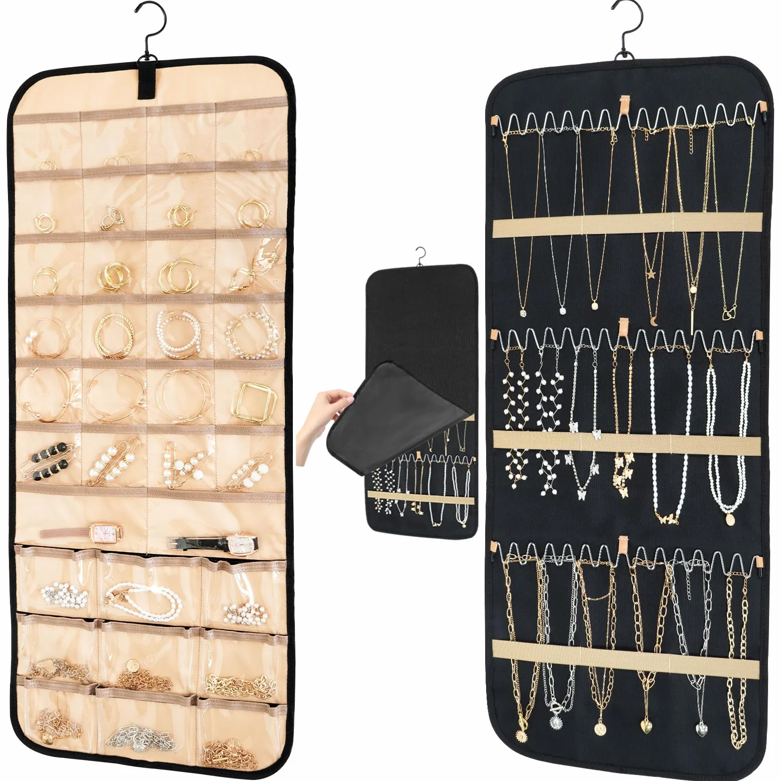 Oudizz Schmuckaufbewahrung Doppelseitige mit Metallhaken, Schmuck Organizer Hängend, Schmuckorganizer zum Aufhängen, Ketten Aufbewahrung Hanging Schmuckhalter Wand Tür für Ohrringe Ringe