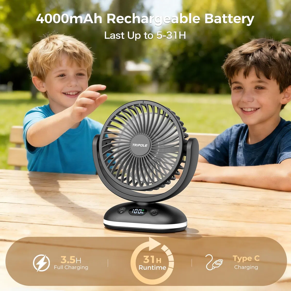 TriPole 4000mAh Tischventilator Akku, 31H Laufzeit, Mini Ventilator mit LED Display, 4 Stufen USB Lüfter Leise, Ventilator Klein Tragbar, Verstellbar für Büro, Schlafzimmer, Camping, Schwarz