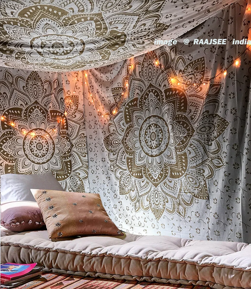raajsee Indisch Wandteppich Mandala Weißes Gold Boho WandDeko, Aesthetic Room Décor, Wandtuch Mandala, Wandbehang Psychedelic 208X232 CM