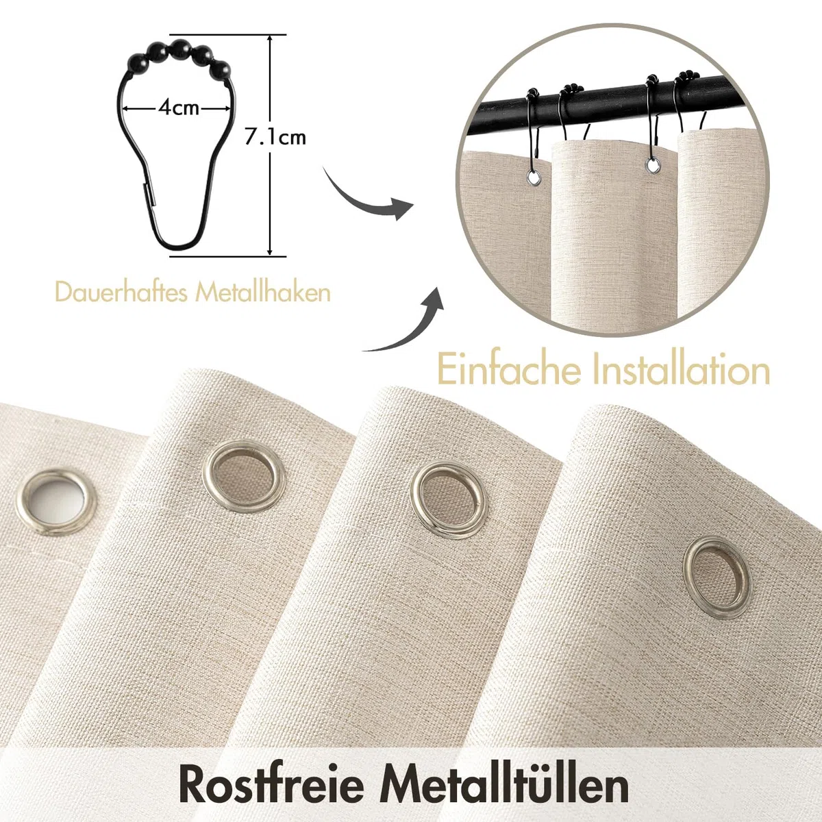 MIULEE Duschvorhang 180x200 Leinen Texturiert Gewellter, Duschvorhang Beige mit Schwarze Rand Hotel Luxus Wasserdicht Duschvorhänge, Antischimmel Waschbar Stoff Badvorhang für Badezimmer mit 12 Ringe