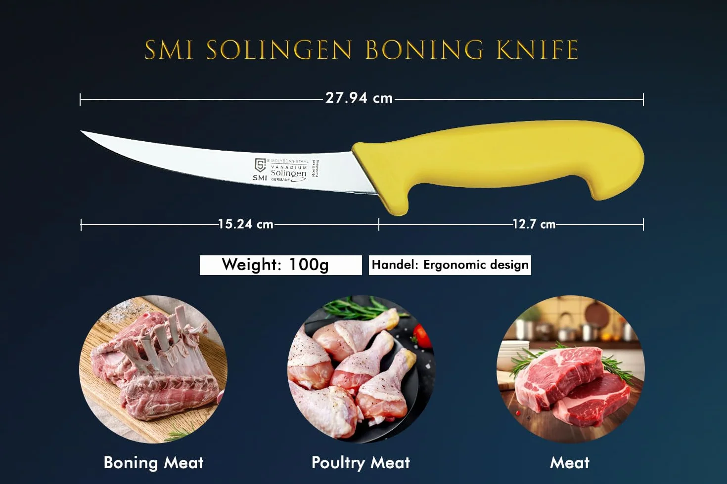 SMI Solingen 6 Zoll Ausbeinmesser profi gebogen flexibles messer Fleischmesser Metzgermesser Premium Qualität Deutscher Molybdän Stahl 1.4116 Made in Germany