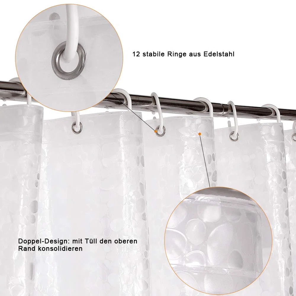 WELTRXE Duschvorhang Anti-Schimmel mit Gewicht Magnet unten, 0.2mm [183x183cm] Wasserdicht Antibakteriell EVA Vorhang für Dusche und Badewanne, 3D Steinmuster, inkl. 12 super Duschvorhangringen Kinder