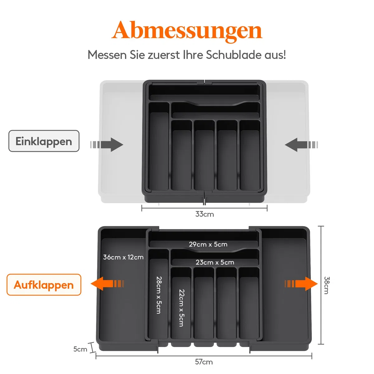 Lifewit Besteckkasten für Schublade, Verstellbarer Besteckhalter Kunststoff Besteckständer, Breite von 33 auf 57 cm, Utensilienhalter Küche Tiefe 38 cm, Küchen Organizer für Löffel/Gabeln, Schwarz