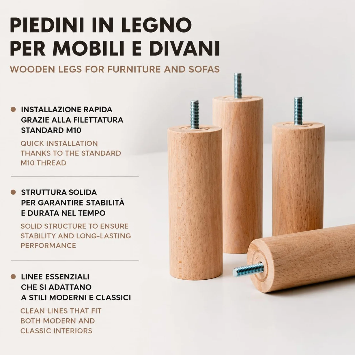 IPEA Möbelfüße aus Holz - Sofa Füße – Höhe 140 mm – [ MINIMALES UND Elegantes Design ] - Set mit 4 Rohholzfüßen für Schränke, Sessel, Wohnmöbel - Möbelbeine – Möbelfuß M10 Schraube - 4er Pack