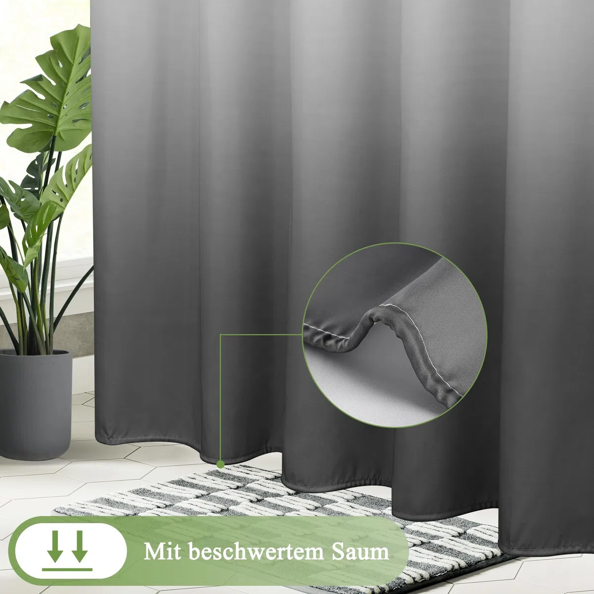 AooHome Duschvorhang 180X200cm Textil, Grau Duschvorhänge 120g/m² Farbverlauf Badvorhang Wasserdicht Waschbar Antischimmel mit 12 Duschvorhangringen(Weiß nach Schwarz)