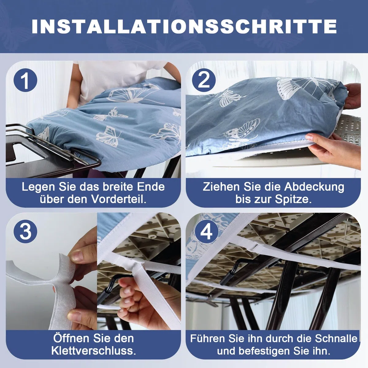 Bügelbrettbezug mit Dicker Polsterung 120x40, 125x45, Rundum-Elastikband, Klettverschlüsse, passend für Bügeltische, ideal für Dampfbügelstationen Ironing Board Cover (Blue (Butterfly)