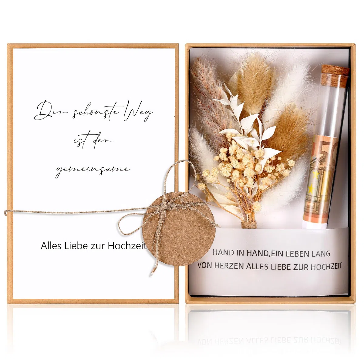 Hestya Hochzeitsgeschenke für Brautpaar Geldgeschenk Hochzeit Geld Geschenk Verpackung mit Hochzeitskarte Geschenkbox Trockenblumen Kunststoff Reagenzglas(Schönste Weg)