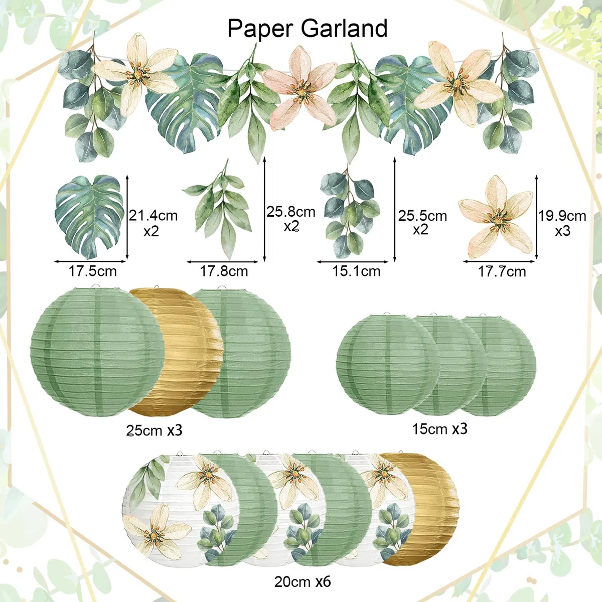 Papier Lampions party deko, 13 Stück Retro Olive Salbei Grün und Blumenlaterne Girlande,für home decoration,Taufe, Kommunion, Konfirmation, Jugendweihe deko