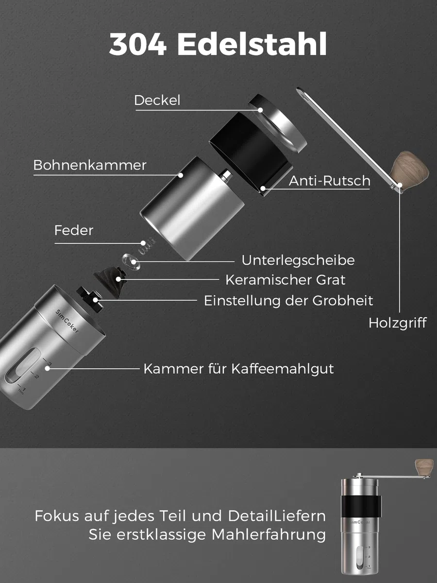 Kaffeemühle Manuell,Keramikmahlwerk mit 20 g Fassungsvermögen,Einstellbare Mahlgrad Einstellung,Hand Kaffeemühle für Outdoor und Camping,304 Edelstahl