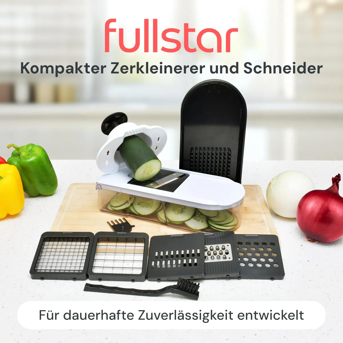 Fullstar Gemüseschneider und Mandoline Gemüsehobel - Julienne- und Würfelschneider für Gurken Zwiebeln Kartoffeln Früchte - Reibe für Gemüse Käse - Küchenzubehör Küchengeräte (6-in-1 Kompakt Weiß)