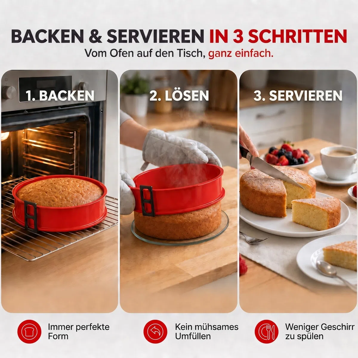 GOODS+GADGETS Silikon Springform Antihaftbeschichtete Kuchen Backform (Silikonform mit Glasboden)