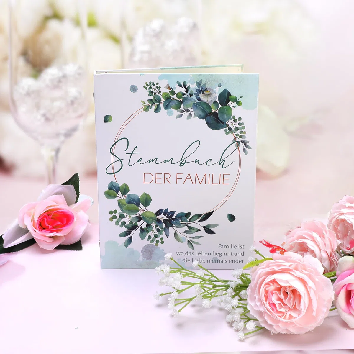HOWAF Stammbuch Hochzeit, Modernes Familienstammbuch Stammbuch A5 inkl Standesamt Hochzeit mit 10 Klarsichthüllen - Hardcover 17x22.5 cm - Greenery Eukalyptus