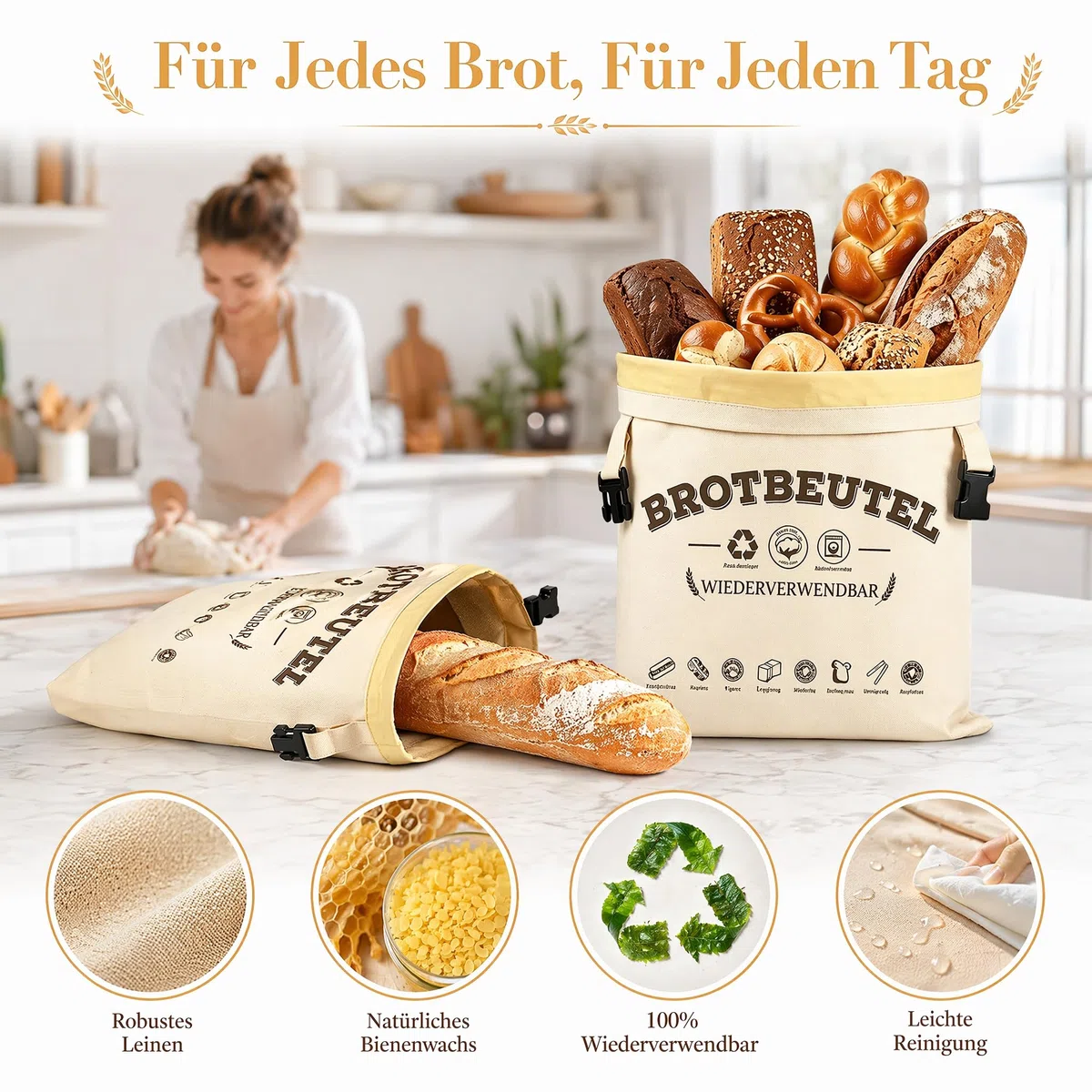 Brotmeister Brotbeutel Bienenwachs 43×33 cm, 2 Stück Bienenwachs Brotbeutel Leinen, Bienenwachsbeutel für Brot, Wiederverwendbare Natürliche Bread Bag, für Selbstgebackenes Brot und Backwaren