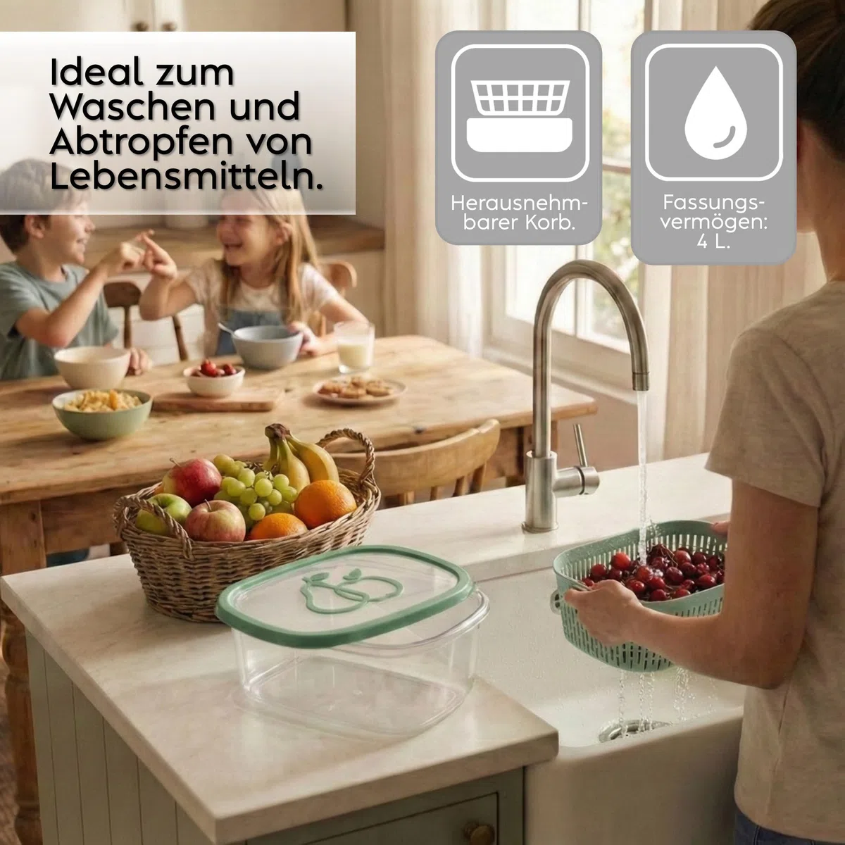 Snips Aroma Keeper Frischhaltedose 4 L mit Abtropfkorb, Vorratsdose für Obst und Gemüse, Lebensmittelbehälter für Kühlschrank und Gefrierschrank, spülmaschinengeeignet, Grün, Made in Italy
