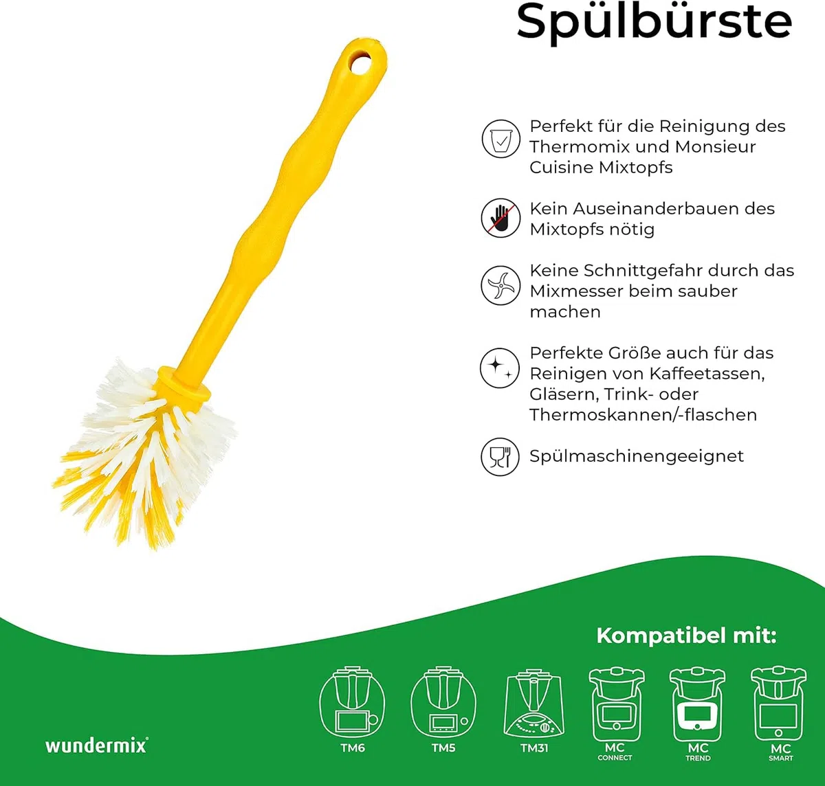 Wundermix - Mixtopf-Spülbürste für Deine Küchenmaschine (5er Set) • Reinigungsbürste für Mixtöpfe gängiger Küchenmaschinen • Robuste Bürste mit Nylon-Borsten • Spülbürsten