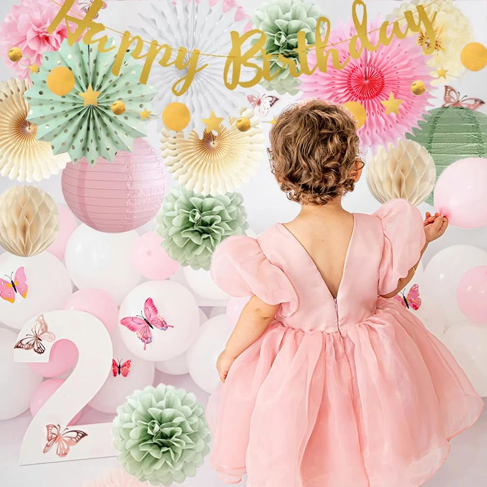 Geburtstagdeko Frauen Grün Rosa Geburtstag Deko Happy Birthday Girlande Rosa Salbeigrün Seidenpapier Pompoms Papierfächer für Neutral Dekoration