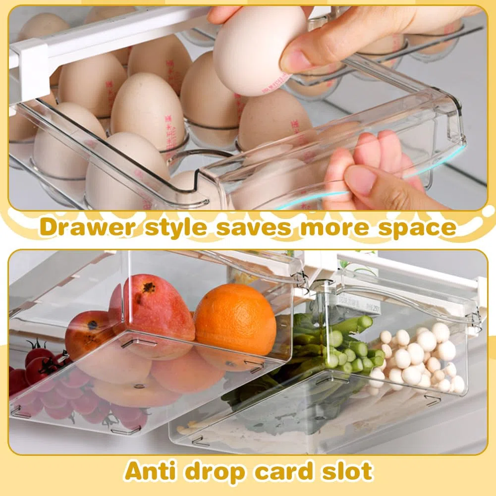 RANJIMA Kühlschrank Organizer Schublade, 2Pcs Kühlschrank Schubladen Ausziehbar Gemüsekiste+Eierhalter Aufbewahrungsbox Home Organizer Ordnungssystem für Kühlschrank Box Küche Haushalt