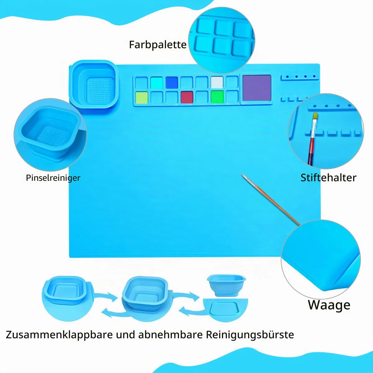 Silikon Malmatte, Unterlage Bastelmatte Silikon Zusammenklappbar, Antihafte rutschfeste Tischmatte für Crafting Aquarell Malerei Schneiden Kunst Schöpfung Ton und DIY-Projekte (Blau)