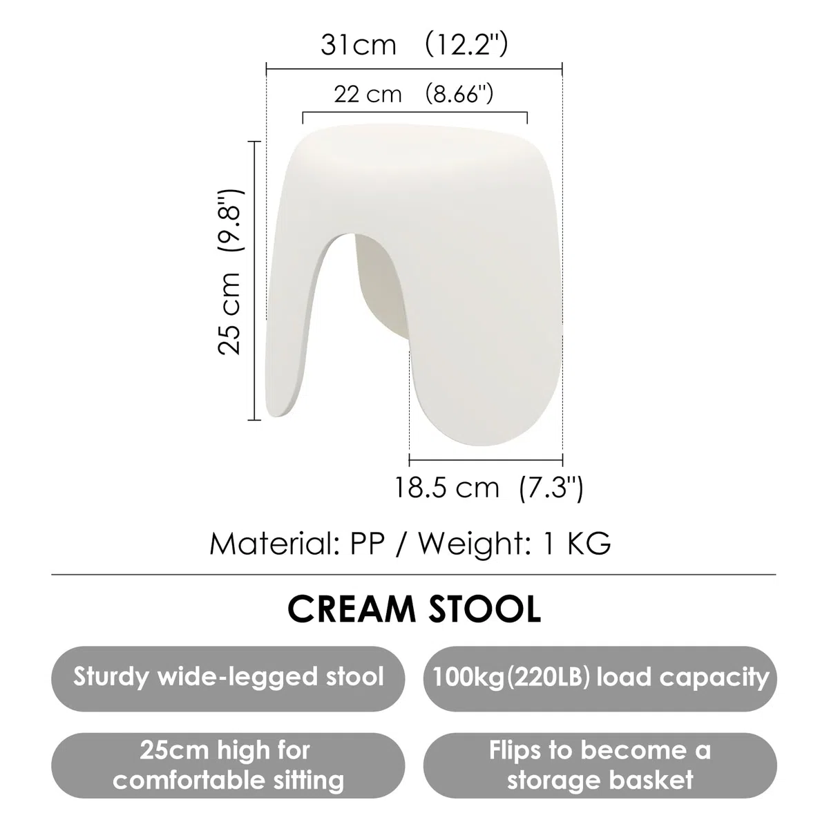 SHIMOYAMA Kinderhocker, 25cm hoher Fußhocker für Kinder und Erwachsene, Kunststoffhocker, kleine Sitzfläche, hält bis zu 100 KG für den täglichen Gebrauch zu Hause, cremeweiß