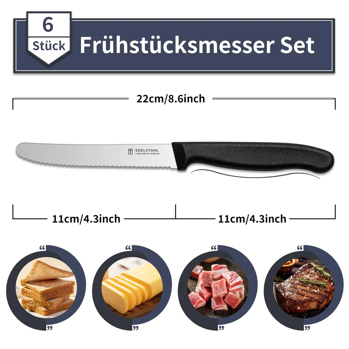 Frühstücksmesser 6 Stück,Hochwertige Edelstahl Tafelmesser,Langlebiges Brötchenmesser,Kunststoffgriff Tomatenmesser Wellenschlif,Schwarzes Brotzeitmesser,Scharfe Messer&Spülmaschinenfest