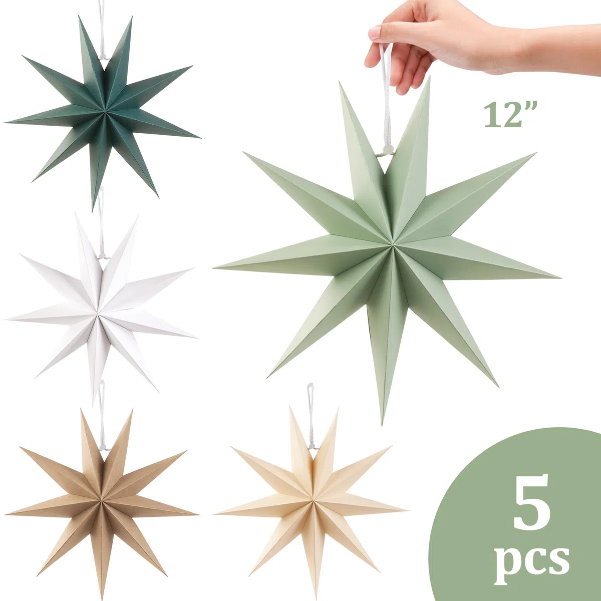 SUNBEAUTY 5er Set Papiersterne Beige 30cm Braun Faltstern Weihnachten Dekoration Dunkelgrün 9 Zacken Weiß Salbeigrün Faltsterne Party Deko für Weihnachtsdeko Hochzeit Geburtstag Tischdeko Bunt