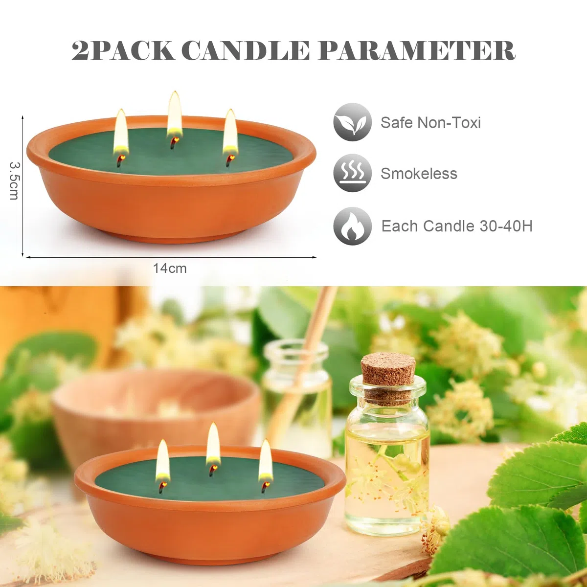 Citronella Kerze Outdoor, 2PCS Outdoor Kerze in Terrakotta-Schale, Zitronella Kerzen Draußen mit Citronella öl & Natürliches Sojawachs - Perfekt für Garten,Balkon, Terrasse & Camping, 14.5cm Ø