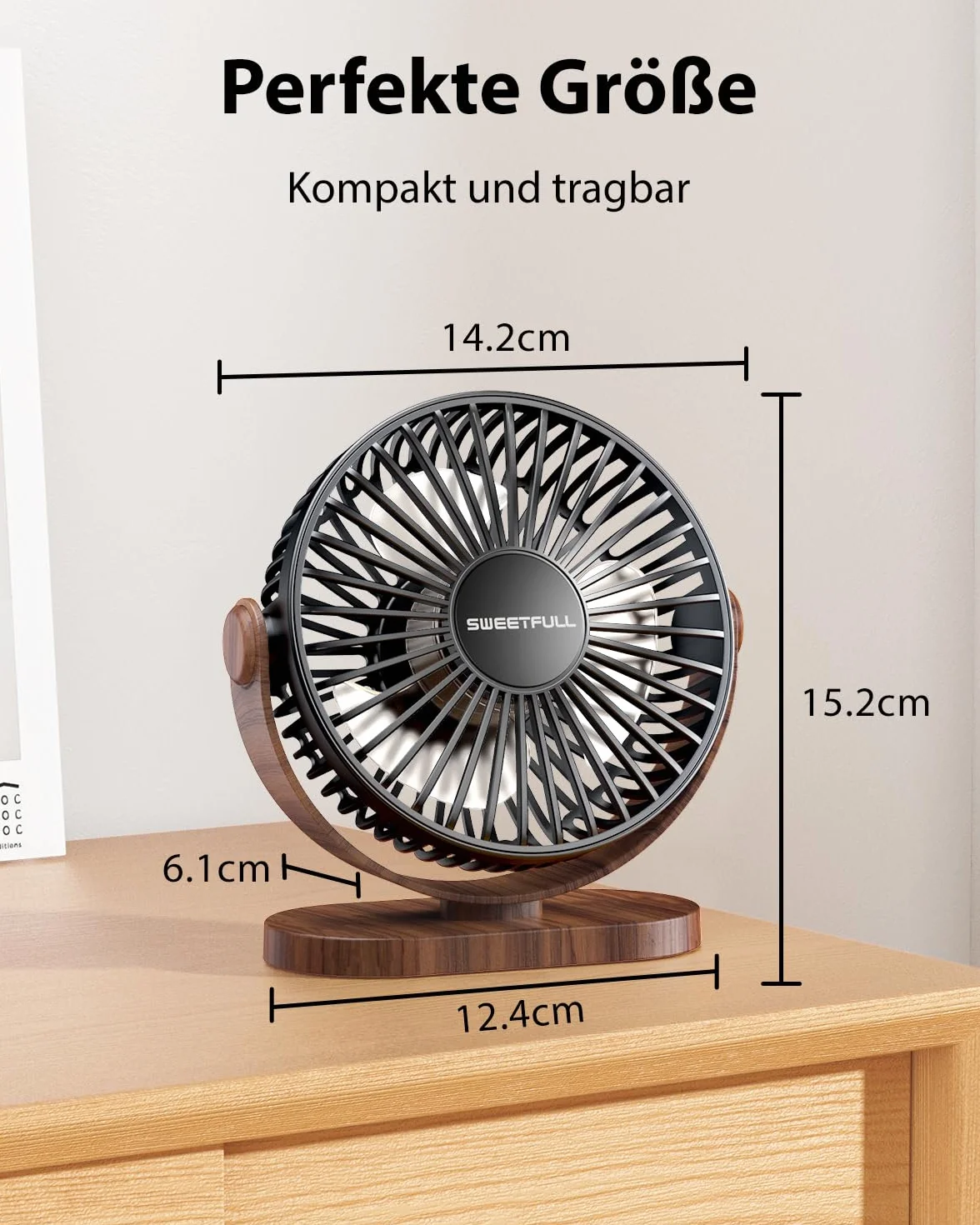 SWEETFULL USB Ventilator, Mini Ventilator Klein Tischventilator Leise, 3 Geschwindigkeiten Desk Fan, Lüfter Einfach zu Tragen für Büro, Zuhause und im Freien