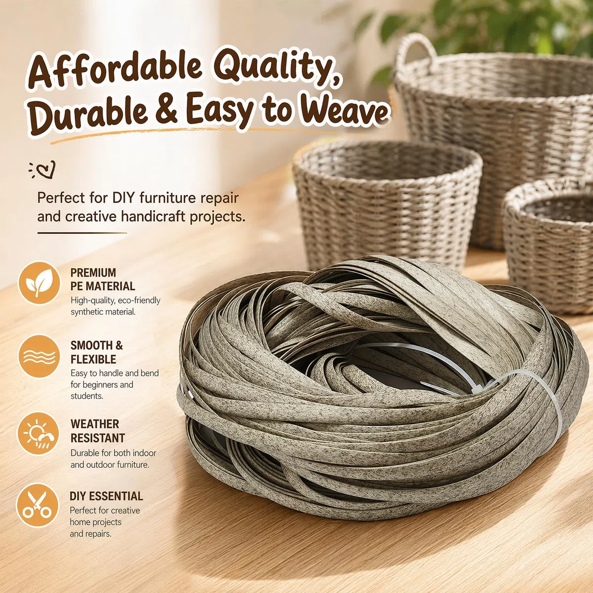Polyrattan Reparatur 65 m Rolle Flach PE Rattan für Rattan Möbel Reparatur Gartenmöbel Stuhl Tisch Korb Wicker Ersatzmaterial Wetterfest und Strapazierfähig (Grau Meliert)